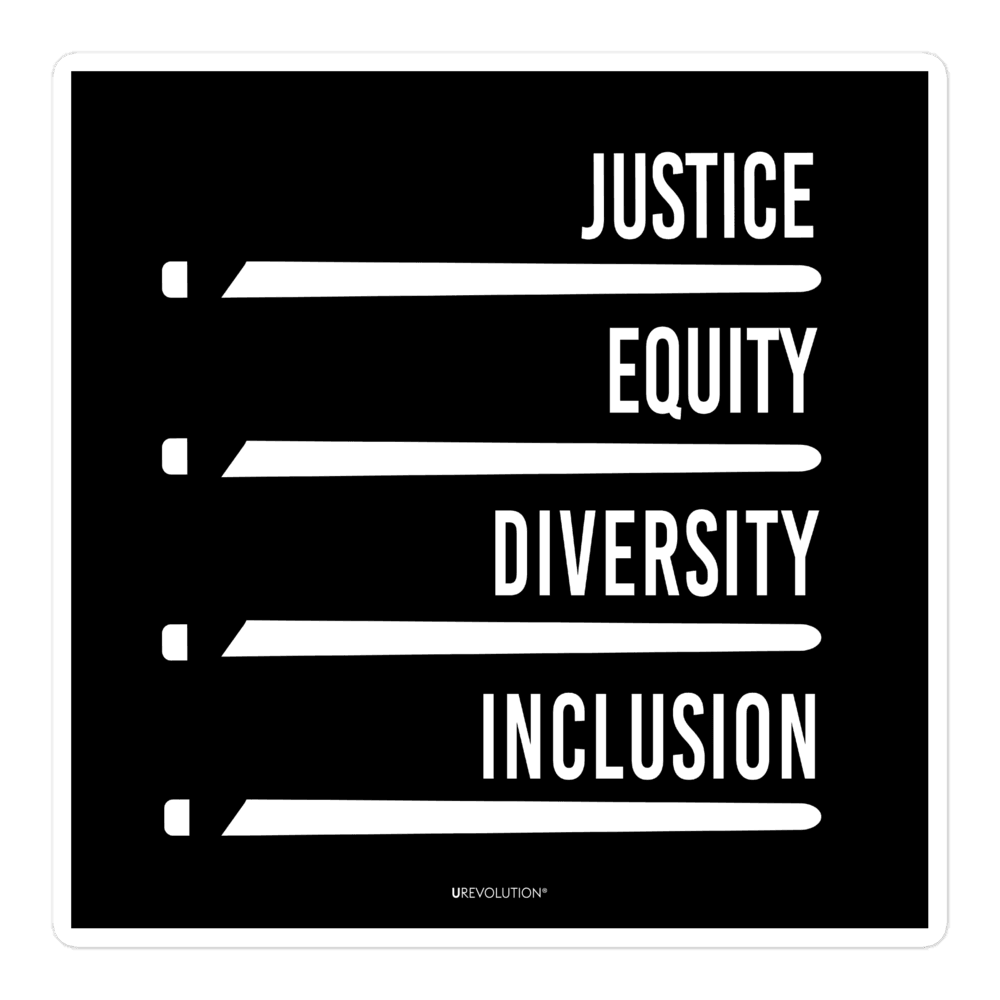 A square black JEDI justice equity diversity inclusion sticker with four stylized horizontal white "JEDI" lightsabers. Above each saber is one word: justice, equity, diversity, and inclusion in white upper case.