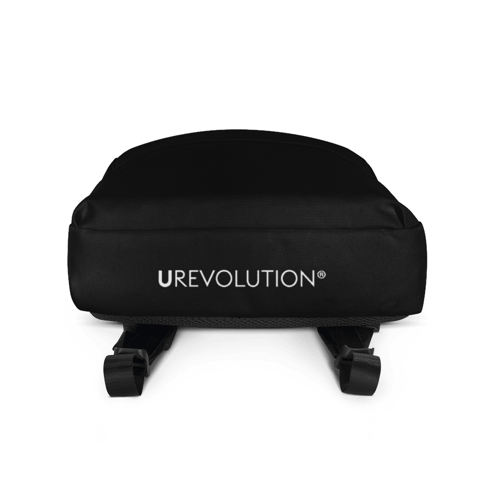 This is the base of the back-pac. In small font is the word, URevolution, printed in white upper case letters.