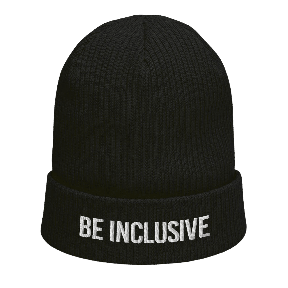 This is a photo of a black Be Inclusive organic beanie. The words 'Be Inclusive' are embroidered on the front of the beanie in white upper case letters.