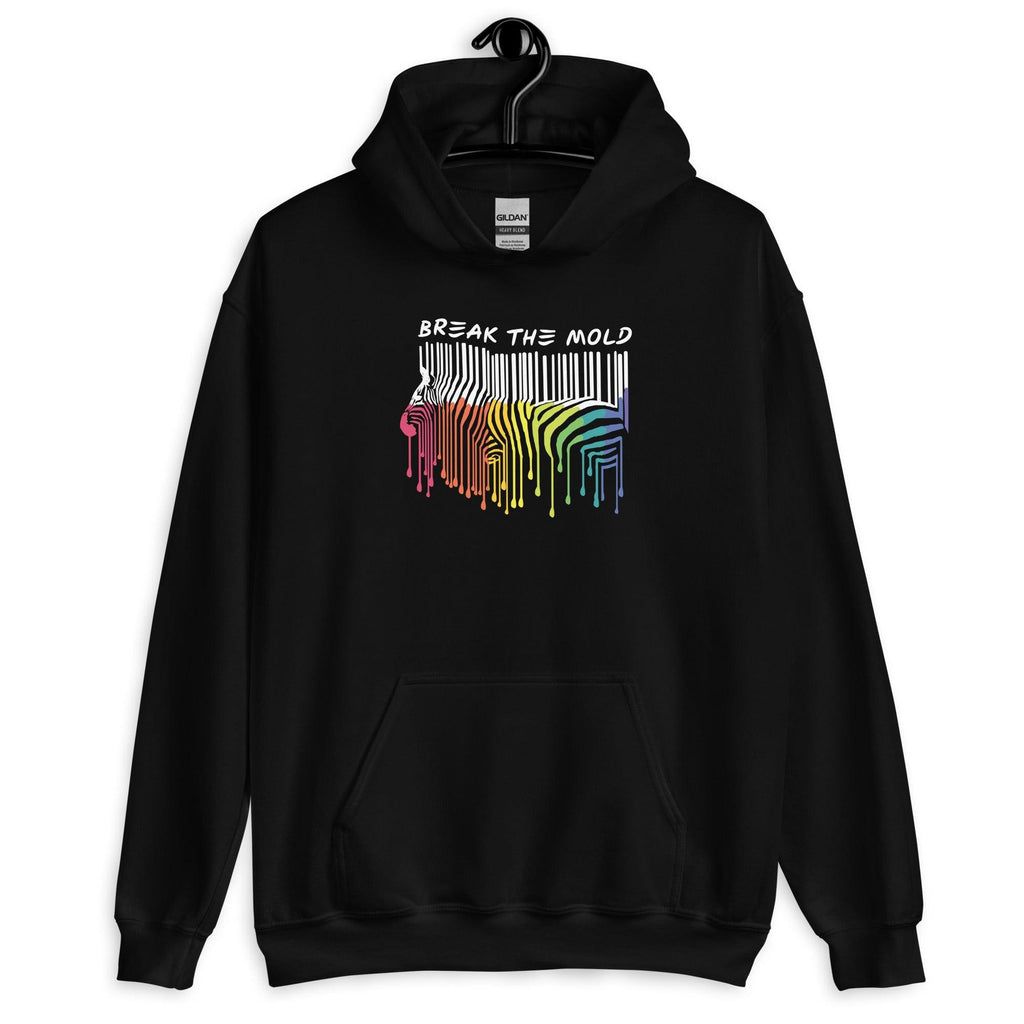 This is a photo of a black Break the Mold hoodie. In the middle top one-third of the hoodie is a zebra graphic in the silhouette of a barcode. The top half of the zebra are vertical white stripes, which then change just below the back into the colors of the rainbow. The bottom of each stripe has a paint drip mark. Just above the zebra's back is the phrase, in upper case, 'break the mold.'  The hoodie is displayed on a black hanger.