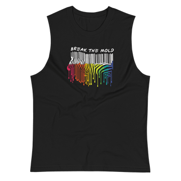 An image of a black tank top against a plain background. In the middle of the tee is a graphic of zebra in the silhouette of a barcode. The top half of the zebra are vertical white stripes, which then change just below the back into the colours of the rainbow. The bottom of each stripe has a paint drip mark. Just above the zebra's back is the phrase, in upper case, 'break the mold.'