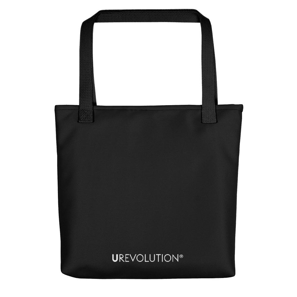 Picture of the back of URevolution's Break The Mold tote bag. At the bottom of the bag the word URevolution is printed in small upper case letters. 