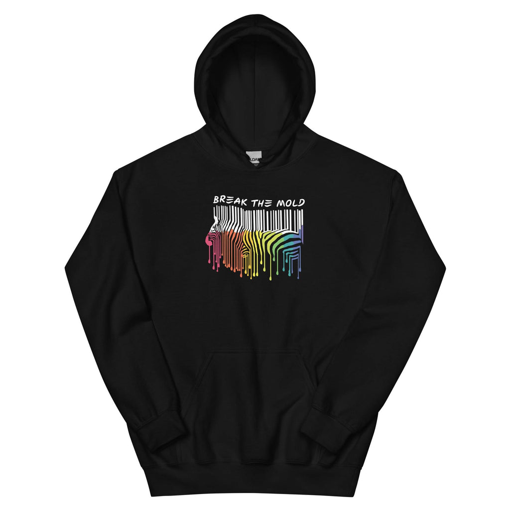 This is a photo of a black Break the Mold hoodie. In the middle top one-third of the hoodie is a zebra graphic in the silhouette of a barcode. The top half of the zebra are vertical white stripes, which then change just below the back into the colors of the rainbow. The bottom of each stripe has a paint drip mark. Just above the zebra's back is the phrase, in upper case, 'break the mold.' 