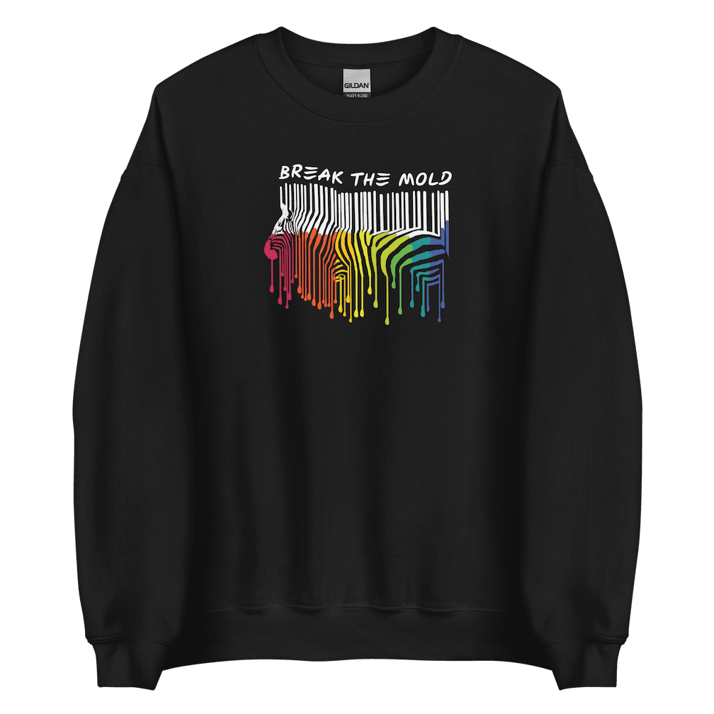 An image of a black sweatshirt against a plain background. In the middle of the sweatshirt is a graphic of zebra in the silhouette of a barcode. The top half of the zebra are vertical white stripes, which then change just below the back into the colours of the rainbow. The bottom of each stripe has a paint drip mark. Just above the zebra's back is the phrase, in upper case, 'break the mold.'