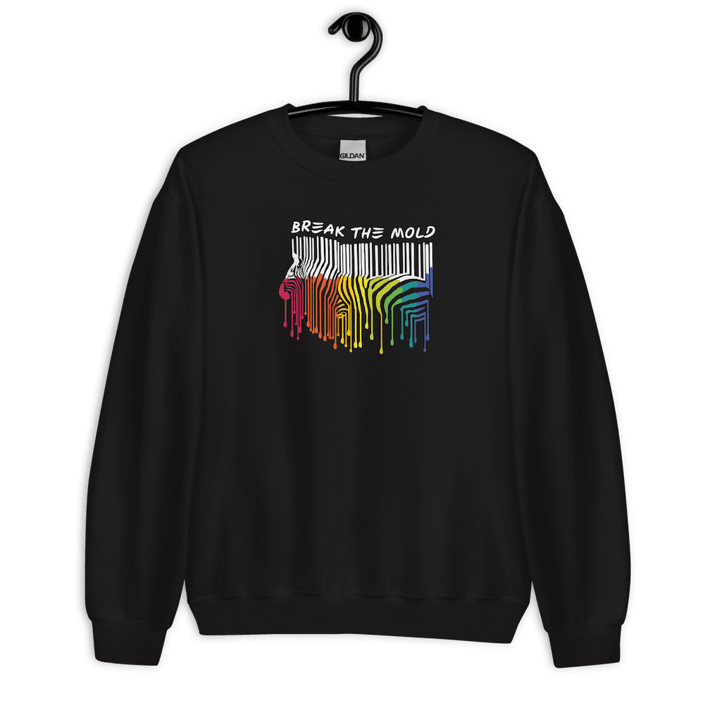 An image of a black sweatshirt against a plain background. In the middle of the sweatshirt is a graphic of zebra in the silhouette of a barcode. The top half of the zebra are vertical white stripes, which then change just below the back into the colours of the rainbow. The bottom of each stripe has a paint drip mark. Just above the zebra's back is the phrase, in upper case, 'break the mold.'