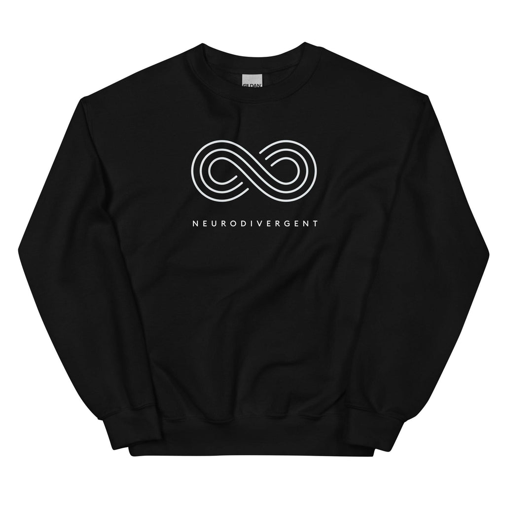 This is a photo of a black neurodivergent sweatshirt. In the top middle third of the sweatshirt is an elegant white infinity symbol consisting of three thin white lines. Just below the symbol is the word Neurodivergent in elegant upper case white letters.