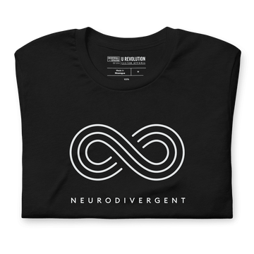 Black neurodivergent shirt against a plain background. In the top 1/3 of the neurodivergent shirt is an elegant white infinity symbol consisting of three thin white lines. Just below the infinity symbol is the word Neurodivergent in elegant upper case white letters.