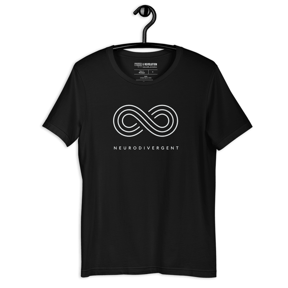Black neurodivergent shirt against a plain background. In the top 1/3 of the neurodivergent shirt is an elegant white infinity symbol consisting of three thin white lines. Just below the infinity symbol is the word Neurodivergent in elegant upper case white letters.