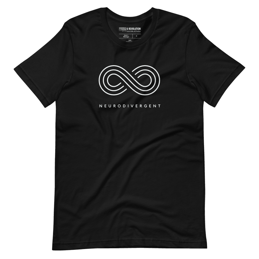 Black neurodivergent shirt against a plain background. In the top 1/3 of the neurodivergent shirt is an elegant white infinity symbol consisting of three thin white lines. Just below the infinity symbol is the word Neurodivergent in elegant upper case white letters.