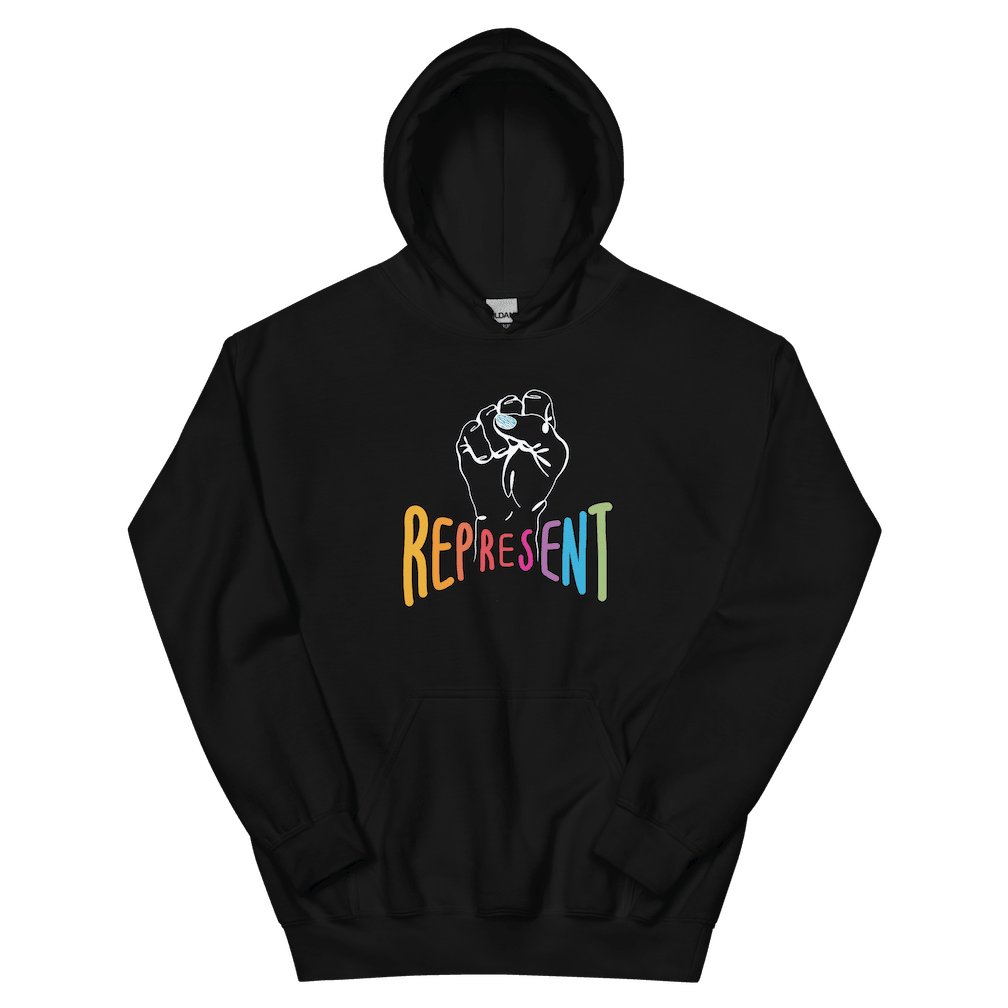 This is a photo of a classic represent hoodie. In the middle of the represent hoodie is a white line drawing of a raised clenched fist, with the handwritten word “represent,” written in upper case rainbow colors.