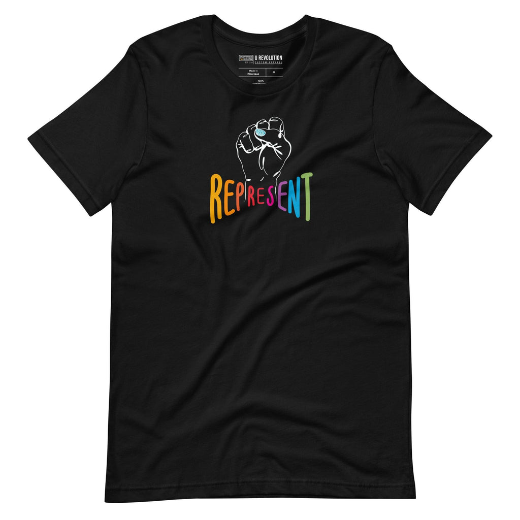 Black represent t-shirt. In the middle of the represent shirt is a black line drawing of a raised clenched fist, with the handwritten word "represent," written in upper case rainbow colors.