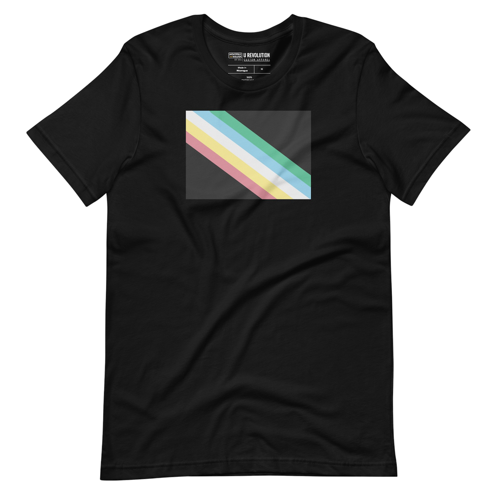 This is an image of a disability pride shirt. In the middle of the t-shirt is a dark grey-black background with five diagonal stripes in this order: red, yellow, white, blue, and green (when looking from the bottom up).