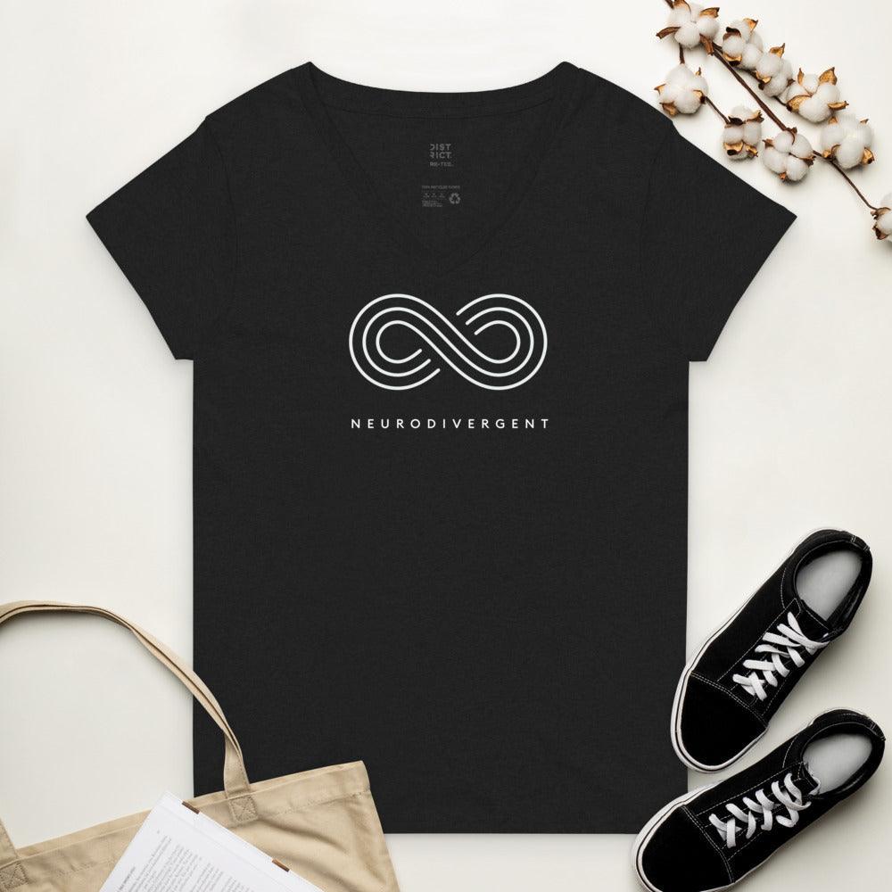 This is a photo of a black eco-friendly neurodivergent v-neck tee.  In the top middle third of the tee is an elegant white infinity symbol consisting of three thin black lines. Just below the symbol is the word Neurodivergent in elegant upper case black letters.