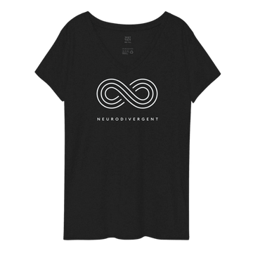 This is a photo of a black eco-friendly neurodivergent v-neck tee.  In the top middle third of the tee is an elegant white infinity symbol consisting of three thin black lines. Just below the symbol is the word Neurodivergent in elegant upper case black letters.