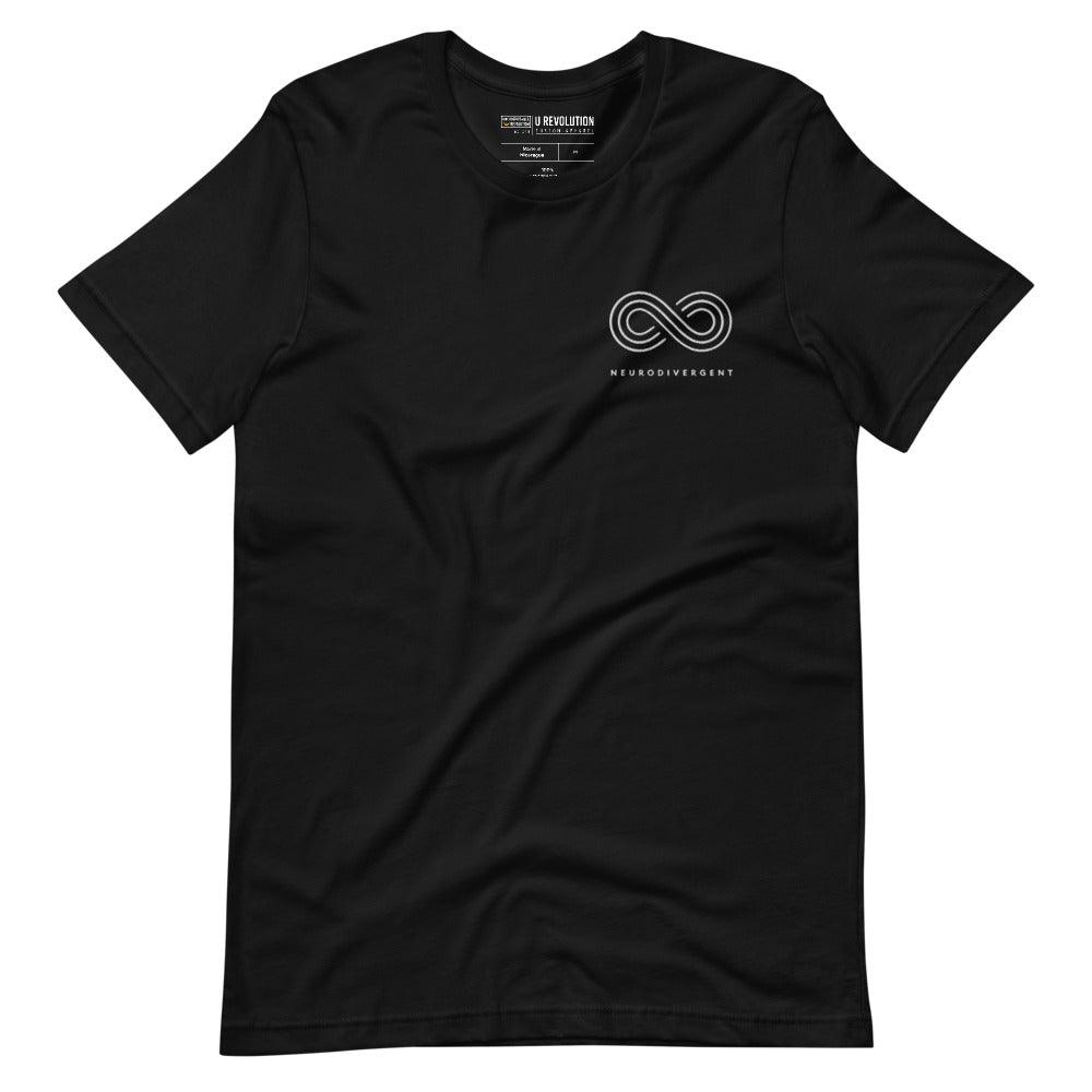 This is a photo of a black embroidered Neurodivergent Tee. In the top left third of the Neurodivergent Hoodie, there is an elegant white infinity symbol consisting of three interwoven white lines. Under the symbol is the word, 'neurodivergent.'