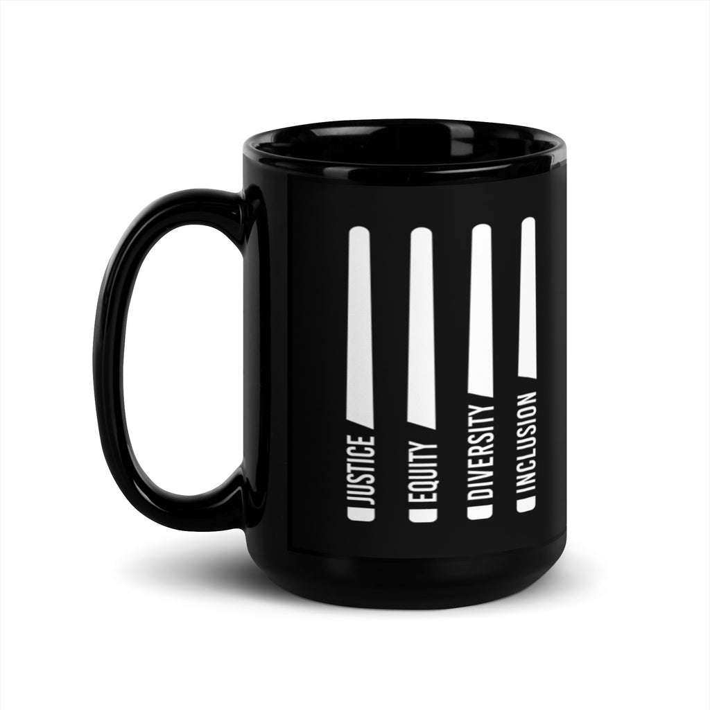 A black J.E.D.I. Justice Equity Diversity Inclusion Mug. In the middle of the mug are four white laser swords. At the bottom of each sword representing the handle is one word: Justice Equity Diversity Inclusion. 