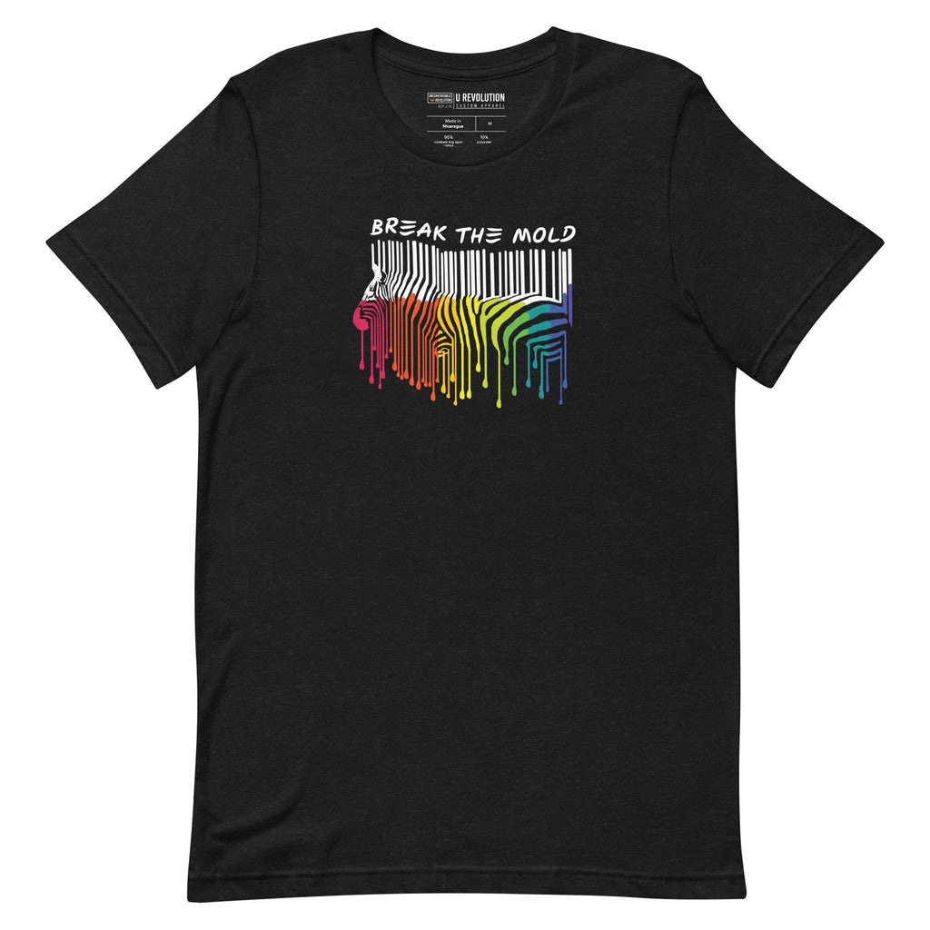This is a photo of a Break the Mold t-shirt. In the middle of the t-shirt is a graphic of zebra in the silhouette of a barcode. The top half of the zebra are vertical white stripes, which then change just below the back into the colors of the rainbow. The bottom of each stripe has a paint drip mark. Just above the zebra's back is the phrase, in upper case, 'break the mold.' 