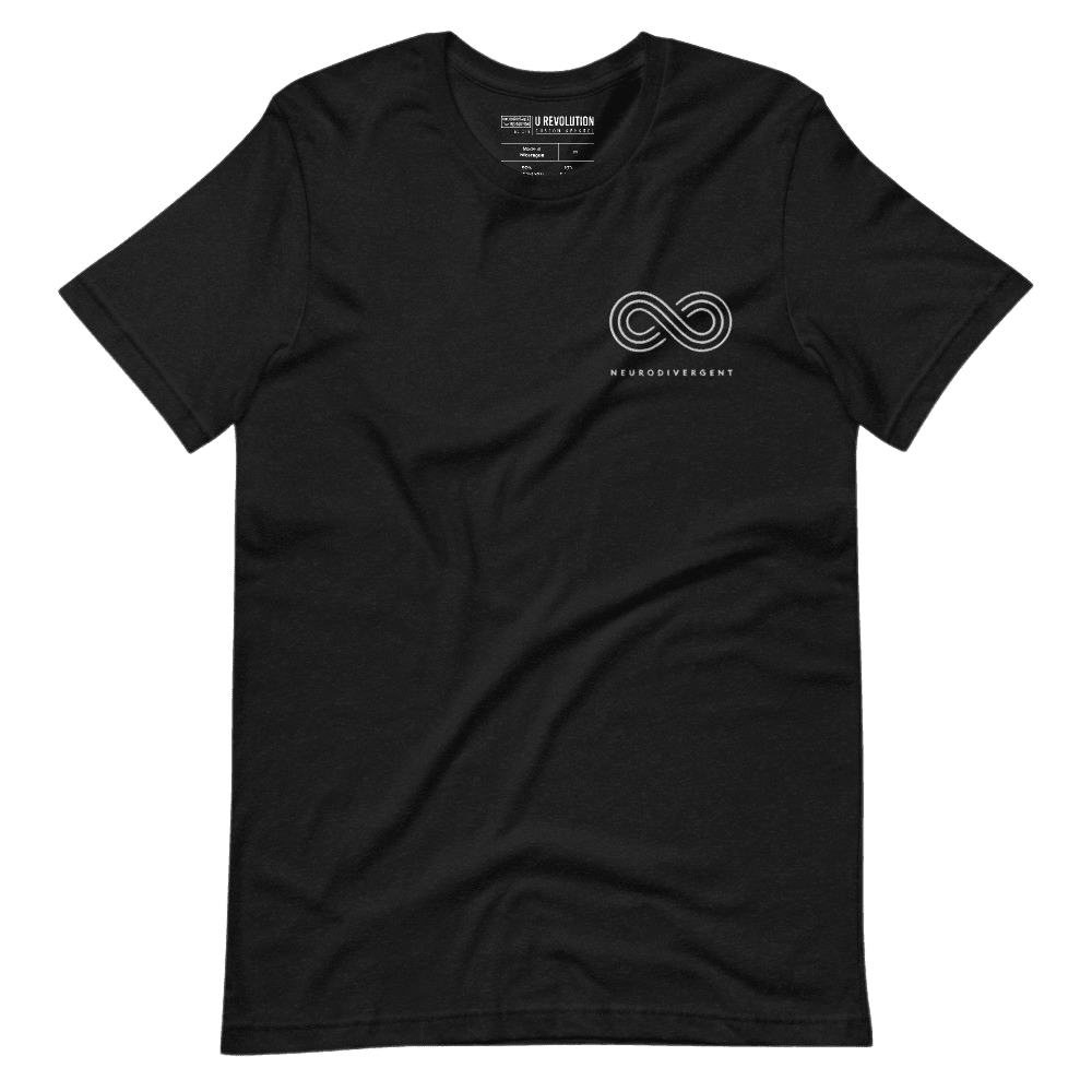 This is a photo of a black heather embroidered Neurodivergent Tee. In the top left third of the Neurodivergent Hoodie, there is an elegant white infinity symbol consisting of three interwoven white lines. Under the symbol is the word, 'neurodivergent.'