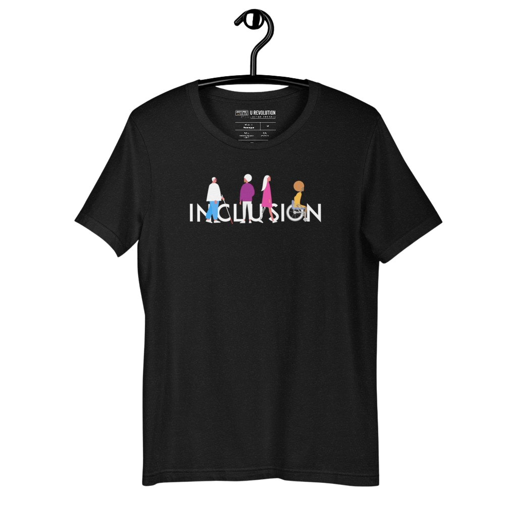 Front view of a Black Heather URevolution inclusion tee featuring their original Inclusion icon: The word INCLUSION is written in white upper case letters. Among the letters are four characters: one larger person with glasses and a cane, one person with one arm wearing a turban, one person with long hair and a prosthetic leg, and one person with an afro, seated in a wheelchair leaning forward. The inclusion t-shirt is hanging on a black hanger.