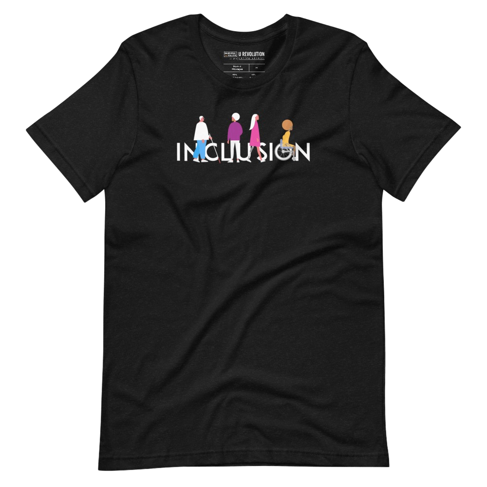  inclusion t-shirt featuring an original Inclusion icon: The word INCLUSION is written in white upper case letters. Among the letters are four characters: one larger person with glasses and a cane, one person with one arm wearing a turban, one person with long hair and a prosthetic leg, and one person with an afro, seated in a wheelchair leaning forward.