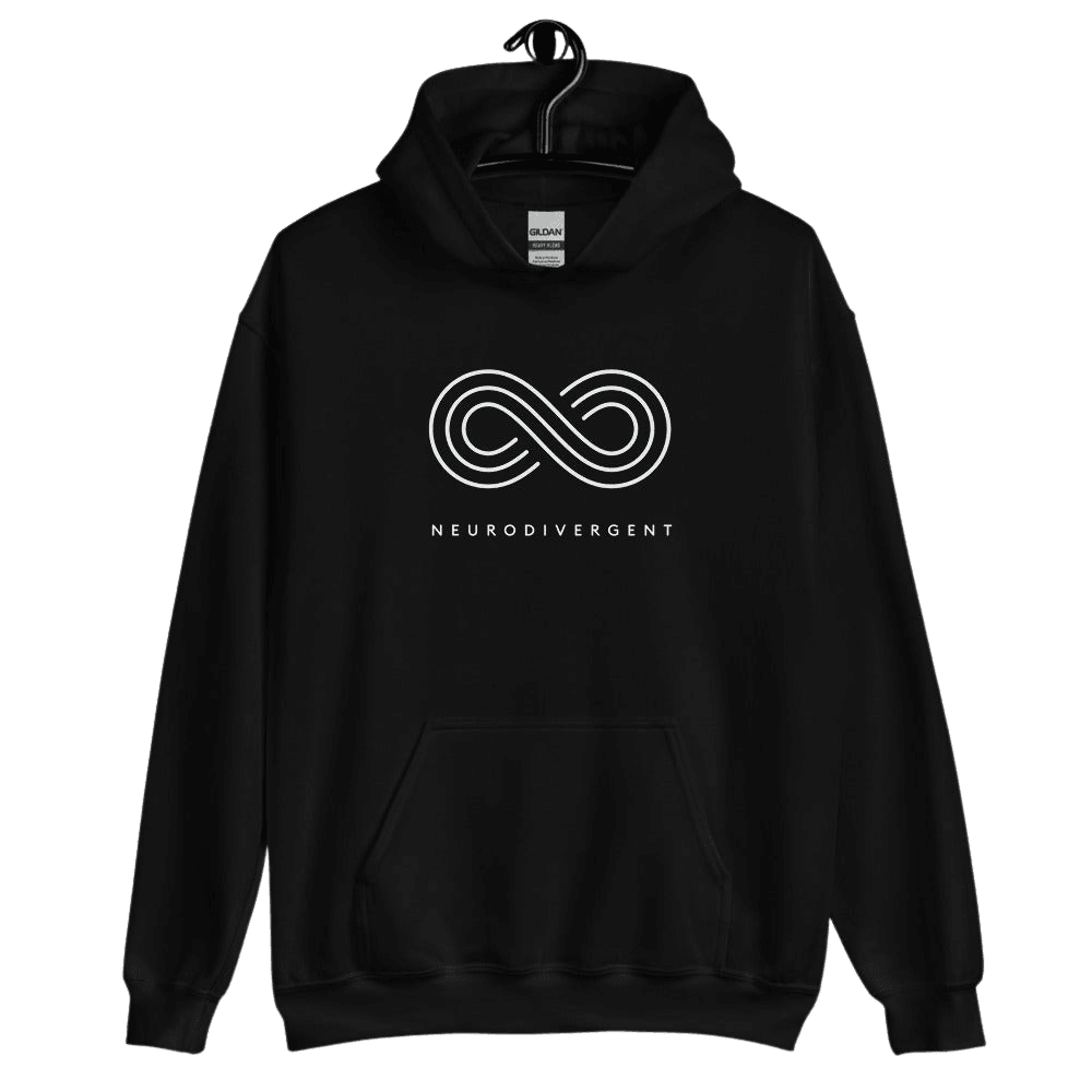This is a photo of a heavy blend black Neurodivergent Hoodie. In the top third of the Neurodivergent Hoodie, there is an elegant white infinity symbol consisting of three interwoven white lines. Under the symbol is the phrase, 'neurodivergent.' The hoodie is on a black hangar.