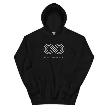 This is a photo of a heavy blend black Neurodivergent Hoodie. In the top third of the Neurodivergent Hoodie, there is an elegant white infinity symbol consisting of three interwoven white lines. Under the symbol is the phrase, 'neurodivergent.'