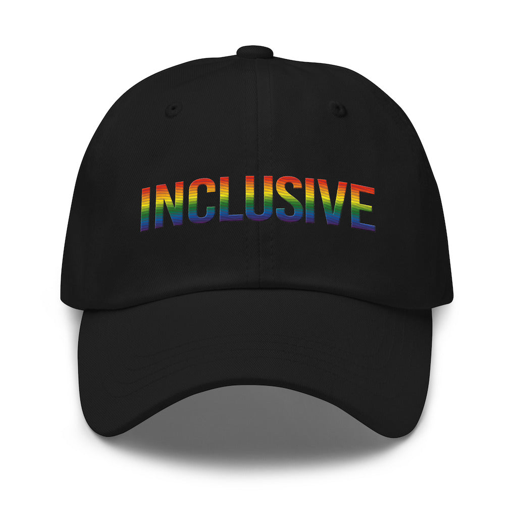 Black inclusive gay pride baseball cap with the word 'inclusive' embroidered in the front middle of the cap in upper case LGBT pride colors. 