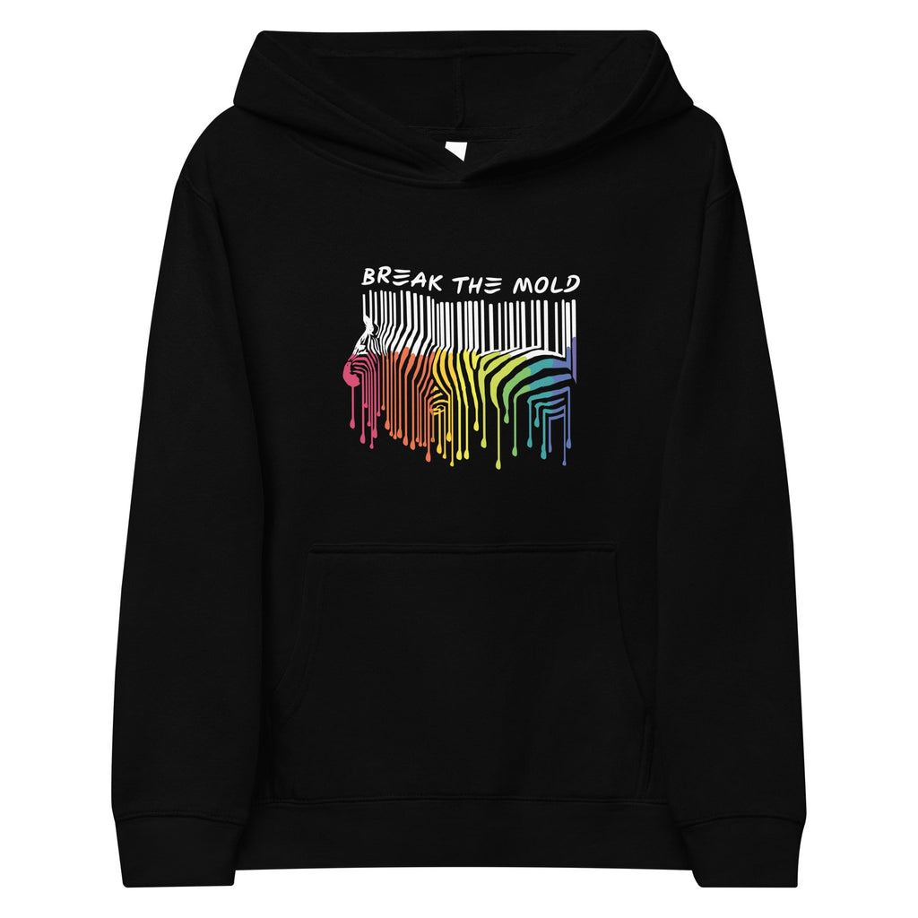 A photo of a kids Break the Mold hoodie. In the middle of the hoodie is a graphic of zebra in the silhouette of a barcode. The top half of the zebra are vertical white stripes, which then change just below the back into the colors of the rainbow. The bottom of each stripe has a paint drip mark. Just above the zebra's back is the phrase, in upper case, 'break the mold.' 