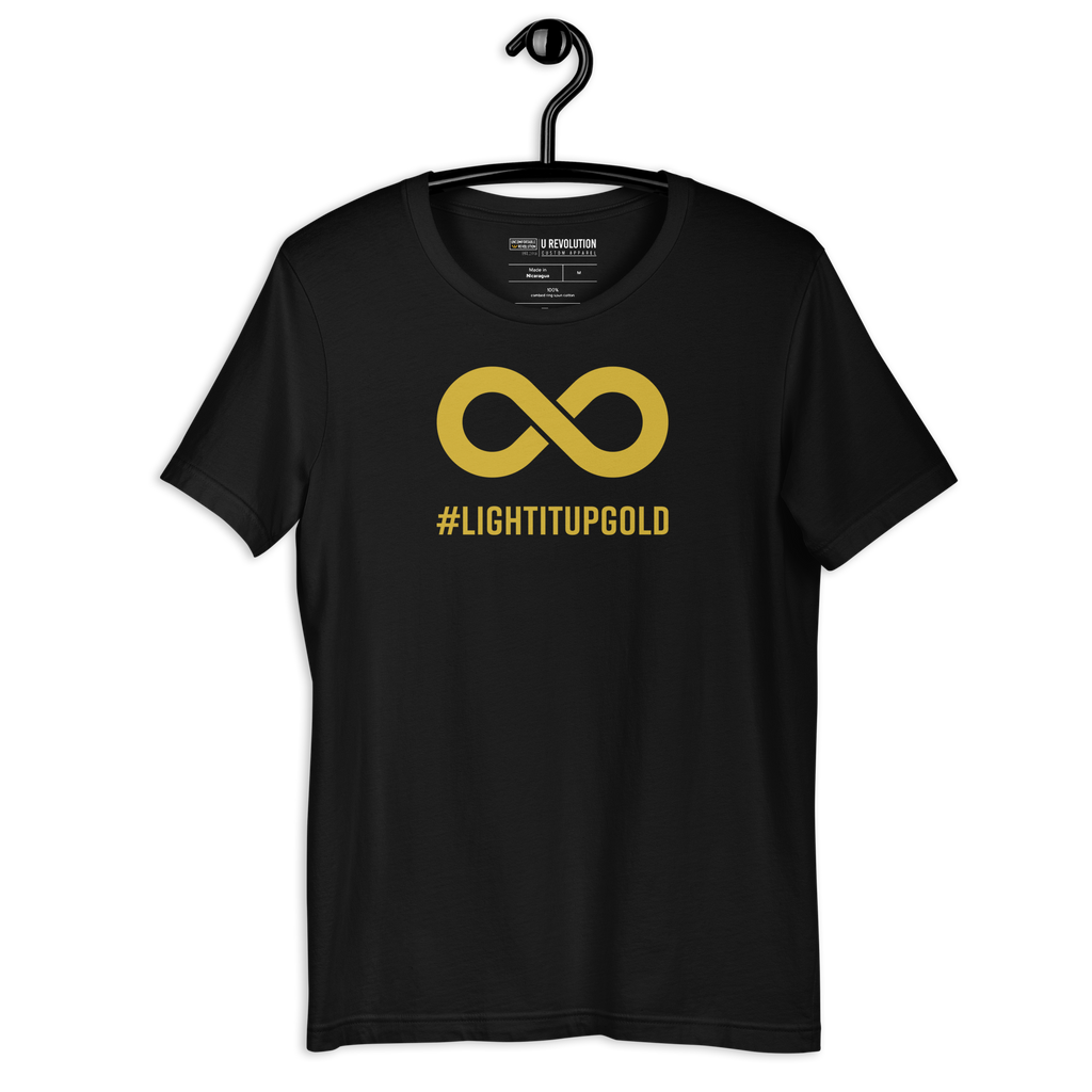 This is a photo of a black Light It Up Gold t-shirt. The tee has the word #LightItUpGold printed in large upper case letters beneath a solid line infinity symbol. The symbol and text are colored gold. The tee is on a black hanger.