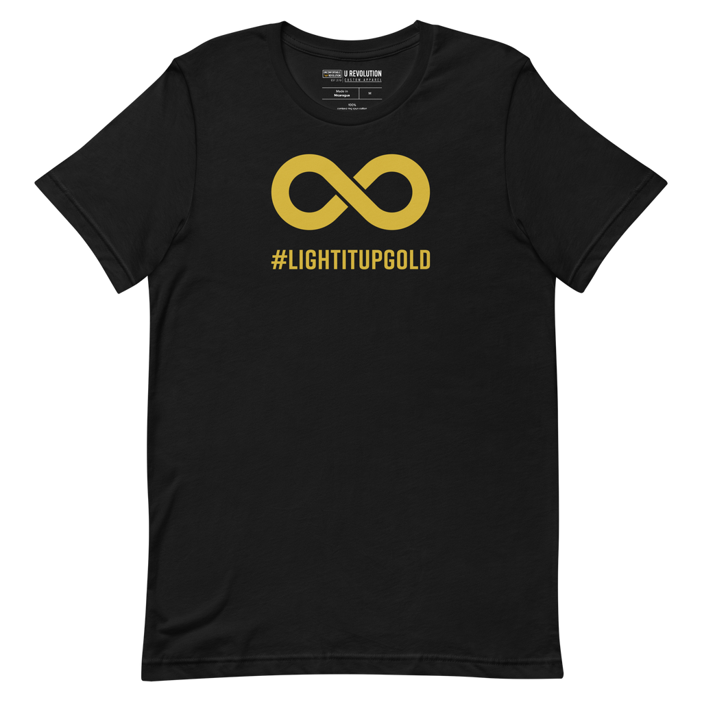 This is a photo of a black Light It Up Gold t-shirt. The tee has the word #LightItUpGold printed in large upper case letters beneath a solid line infinity symbol. The symbol and text are colored gold. 