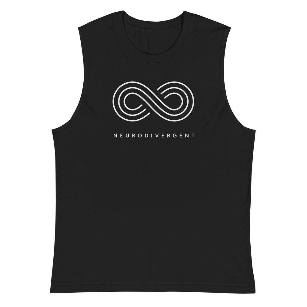 This is a photo of a black neurodivergent muscle tank. In the middle of top one-third of the tank is an elegant white infinity symbol consisting of three thin white lines. Just below the infinity symbol is the word Neurodivergent in elegant upper case white letters.