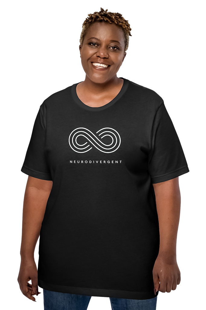 A female 5'3" Black model is wearing an XL neurodivergent shirt against a plain background. In the top 1/3 of the neurodivergent shirt is an elegant white infinity symbol consisting of three thin white lines. Just below the infinity symbol is the word Neurodivergent in elegant upper case white letters.