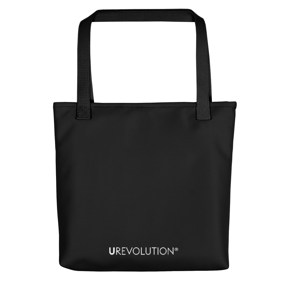 The is a photo of the other side of the black neurodiverse tote bag. At the bottom edge of the tote bag is the word - URevolution - in small white upper case letters.