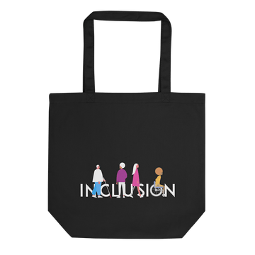A photo of URevolution's inclusion tote bag, which has the word INCLUSION printed in white on one side. Four diverse disabled people have incorporated into the word INCLUSION: a blind person, a person with an invisible illness, a disabled person with a prosthetic limb, and a disabled person in a wheelchair. the inclusion tote is made of black cotton.