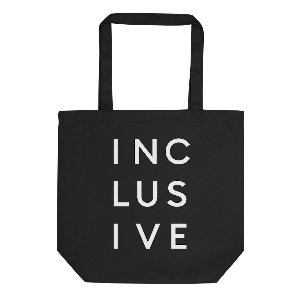 INCLUSIVE Statement Tote – Organic Black Cotton Tote Bag featuring bold minimalist typography promoting diversity and inclusion.