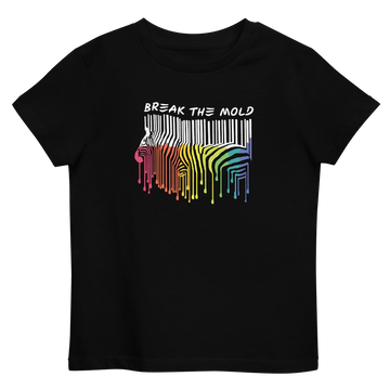An image of a black short-sleeve tee against a plain background. In the middle of the tee is a graphic of zebra in the silhouette of a barcode. The top half of the zebra are vertical white stripes, which then change just below the back into the colours of the rainbow. The bottom of each stripe has a paint drip mark. Just above the zebra's back is the phrase, in upper case, 'break the mold.'