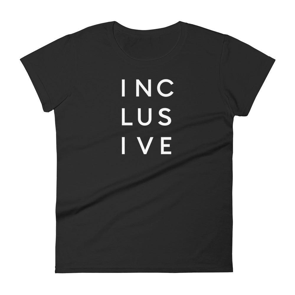 A black INCLUSIVE Women’s Cut T-Shirt – a sleek, tailored-fit cotton tee designed to flatter the natural silhouette.