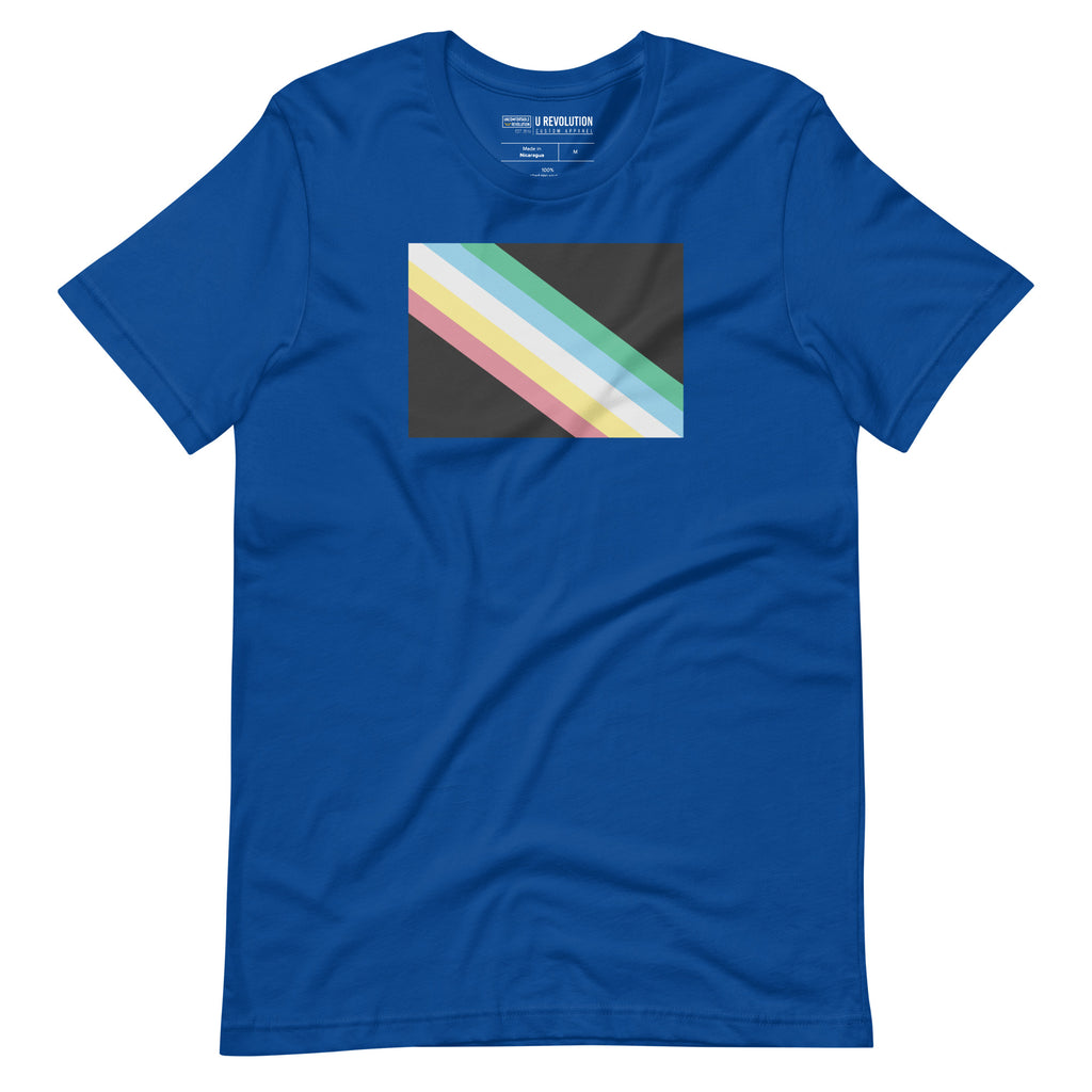 This is an image of a disability pride flag shirt. In the middle of the t-shirt is a dark grey-black background with five diagonal stripes in this order: red, yellow, white, blue, and green (when looking from the bottom up).