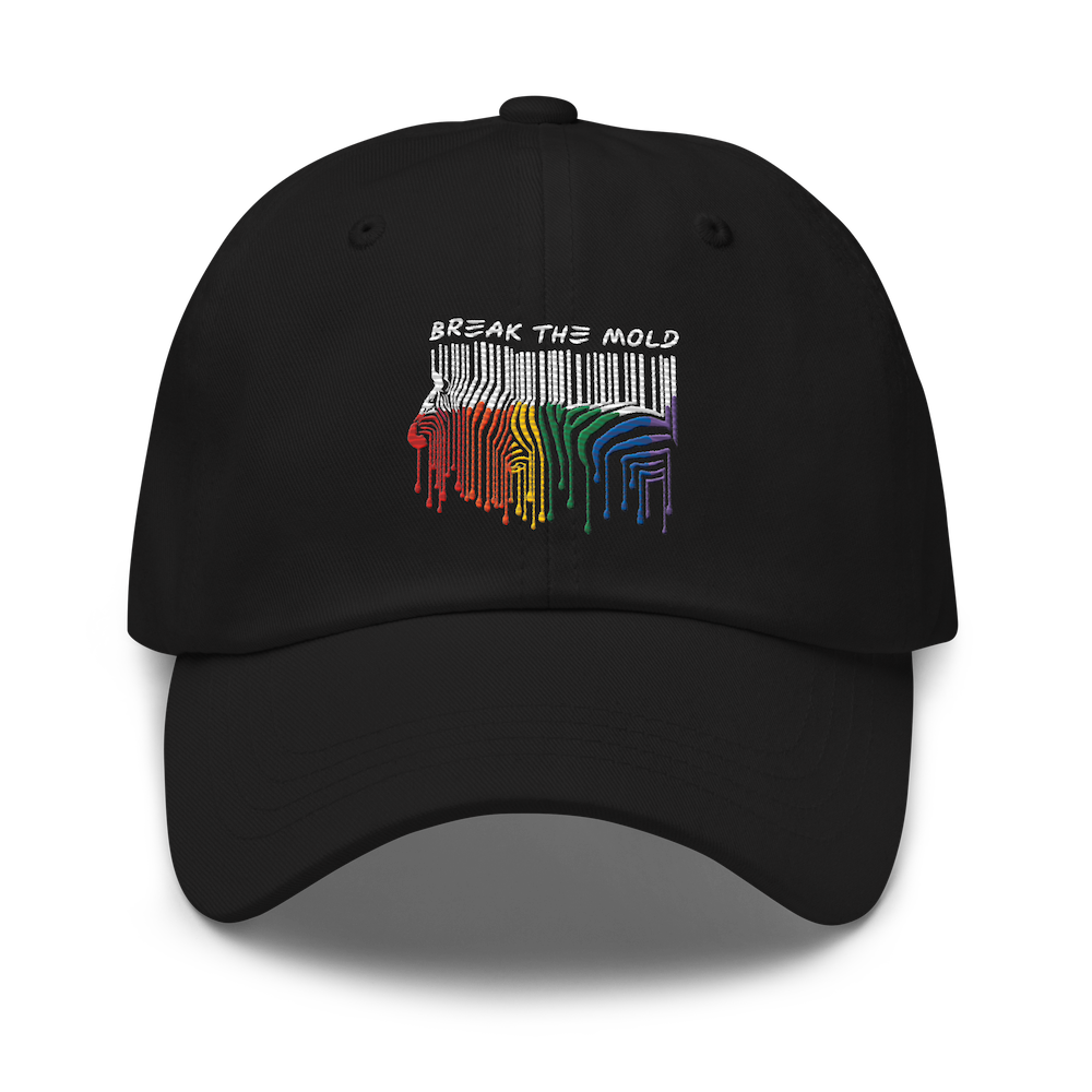 A black Break The Mold cap. In the middle of the baseball is a zebra graphic in the silhouette of a barcode. The top half of the zebra are vertical whte stripes, which change just below the back into the colors of the rainbow. The bottom of each strip has a paint drip mark. Above the zebra's back is the phrase, in upper case, 'break the mold.'
