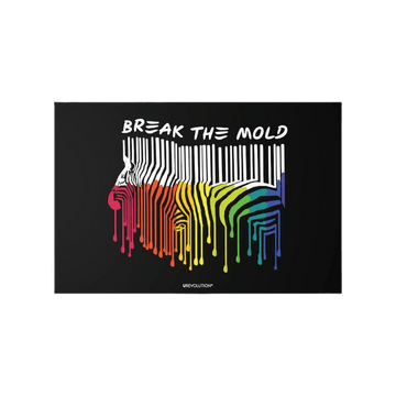 This is a photo of a Break the Mold black decal. In the middle of the decal is a graphic of zebra in the silhouette of a barcode. The top half of the zebra are vertical white stripes, which then change just below the back into the colors of the rainbow. The bottom of each stripe has a paint drip mark. Just above the zebra's back is the phrase, in upper case, 'break the mold.'  At the bottom of the decal is the brand name URevolution printed in small white upper case letters.