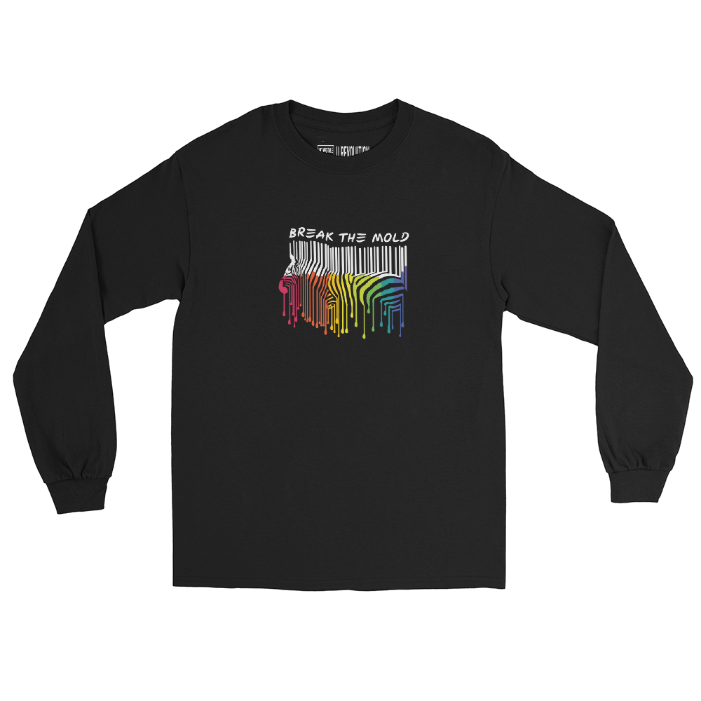 A black Break the Mold long sleeve tee. In the middle top 1/3 of th tee is a graphic of zebra in the silhouette of a barcode. The top half of the zebra are vertical white stripes, which then change just below the back into the colors of the rainbow. The bottom of each stripe has a paint drip mark. Just above the zebra's back is the phrase, in upper case, 'break the mold.'
