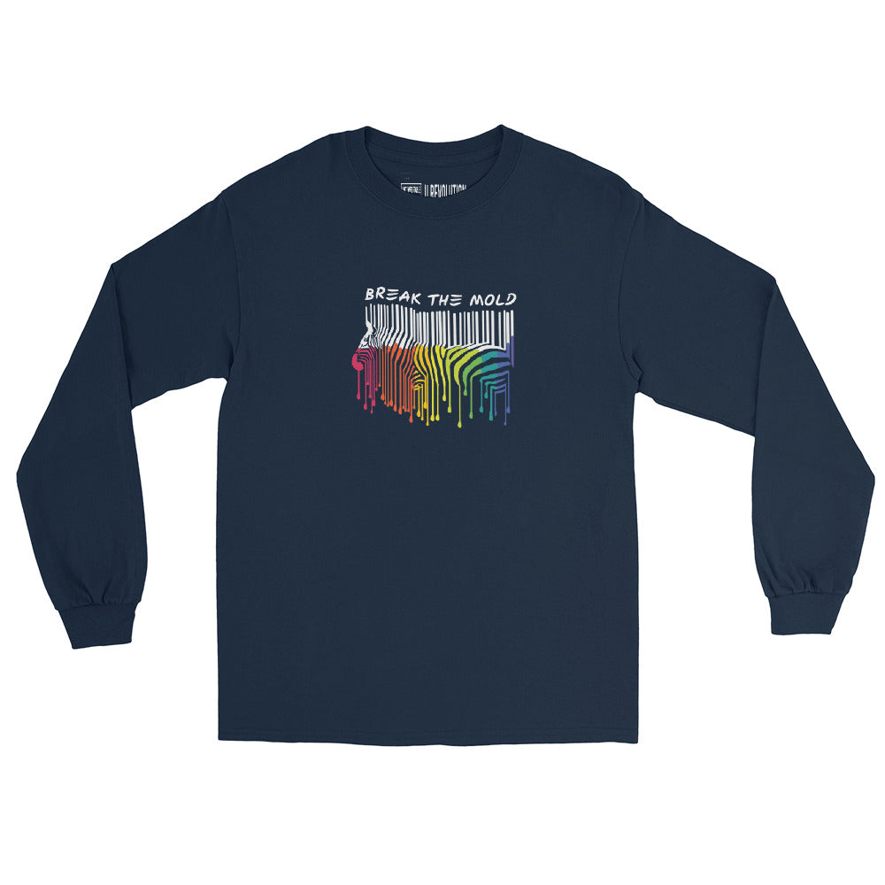 A navy Break the Mold long sleeve tee. In the middle top 1/3 of th tee is a graphic of zebra in the silhouette of a barcode. The top half of the zebra are vertical white stripes, which then change just below the back into the colors of the rainbow. The bottom of each stripe has a paint drip mark. Just above the zebra's back is the phrase, in upper case, 'break the mold.'