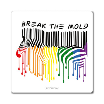 An image of a Break the Mold magnet against a plain background. In the middle of the sticker is a graphic of zebra in the silhouette of a barcode. The top half of the zebra are vertical black stripes, which then change just below the back into the colours of the rainbow. The bottom of each stripe has a paint drip mark. Just above the zebra's back is the phrase, in upper case, 'break the mold.'