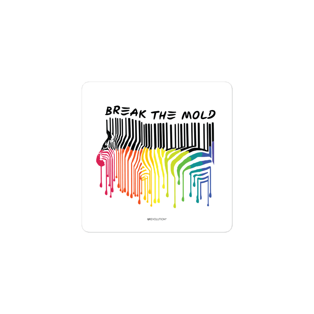 An image a Break the Mold sticker against a plain background. In the middle of the sticker is a graphic of zebra in the silhouette of a barcode. The top half of the zebra are vertical black stripes, which then change just below the back into the colours of the rainbow. The bottom of each stripe has a paint drip mark. Just above the zebra's back is the phrase, in upper case, 'break the mold.'