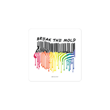 An image a Break the Mold sticker against a plain background. In the middle of the sticker is a graphic of zebra in the silhouette of a barcode. The top half of the zebra are vertical black stripes, which then change just below the back into the colours of the rainbow. The bottom of each stripe has a paint drip mark. Just above the zebra's back is the phrase, in upper case, 'break the mold.'