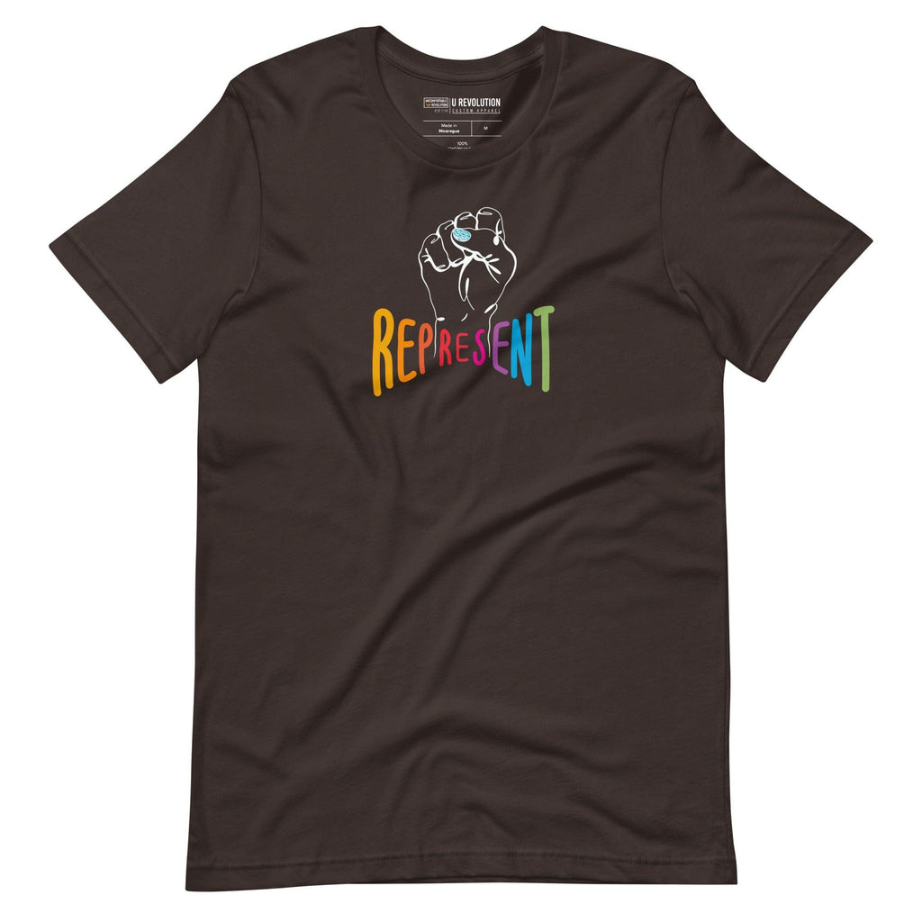 Brown represent t-shirt. In the middle of the represent shirt is a black line drawing of a raised clenched fist, with the handwritten word "represent," written in upper case rainbow colors.
