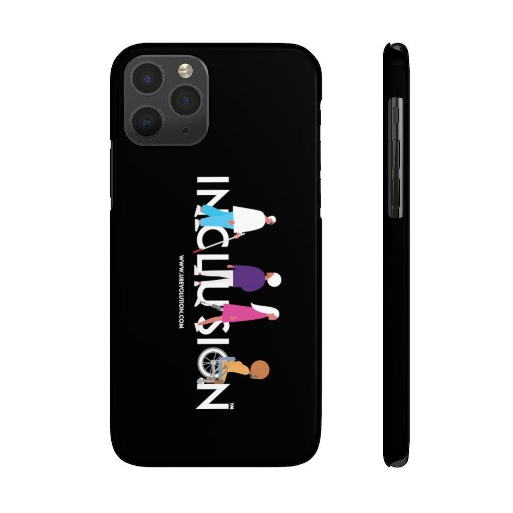 This is a photo of a black disability inclusion phone case. The  phone case has URevolution's Inclusion icon on the front cover. The word INCLUSION is written in all caps in rainbow colors. Among the letters are four characters: one plus-sized person with glasses and a cane, one person with one arm wearing a turban, one person with long hair and a prosthetic leg, and one person with an afro, seated in a wheelchair.