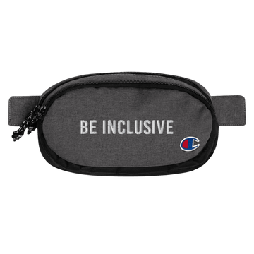 This is a photo of a heather black embroidered Champion Be Inclusive fanny pack. The phrase, Be Inclusive, is embroidered in large white upper case letters on the front of the pack.