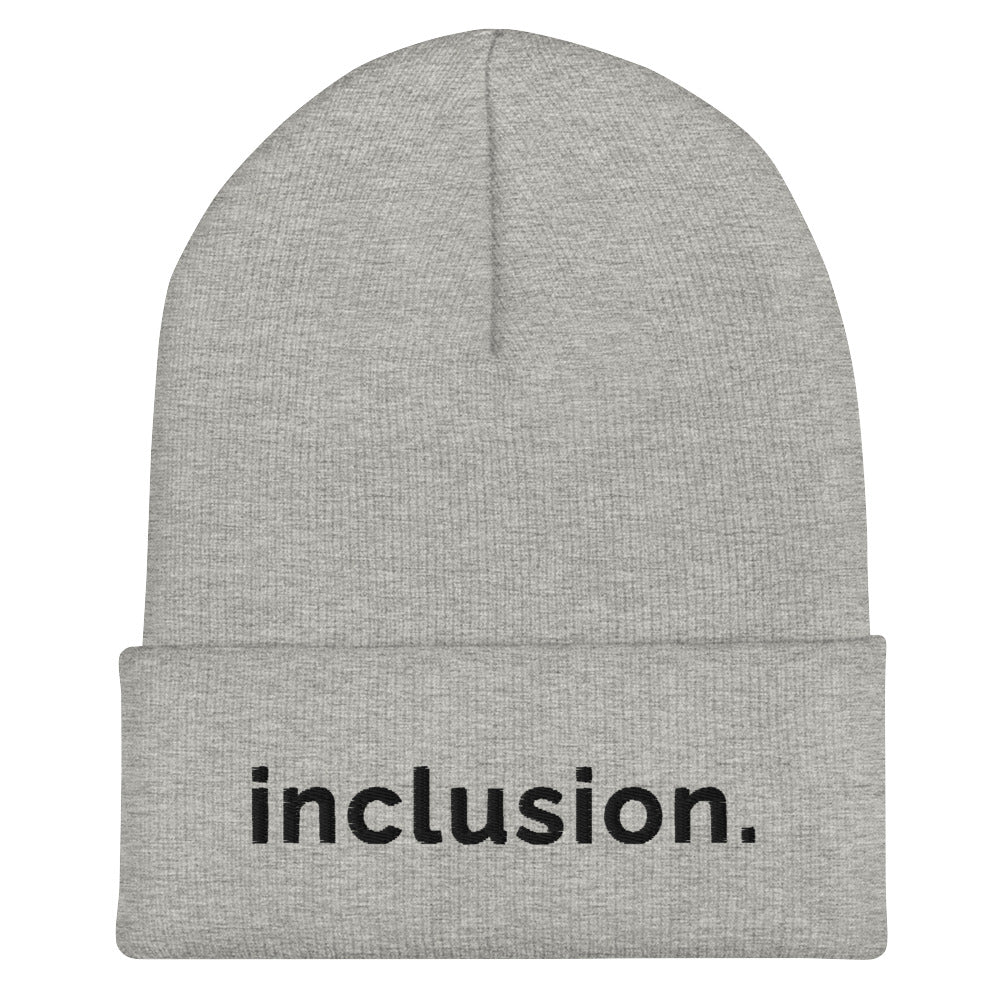 Heather grey Inclusion beanie against a plain white background. On the front of the beanie, the word 'inclusion' is embroidered on the front middle of the cuff in black sentence case letters.