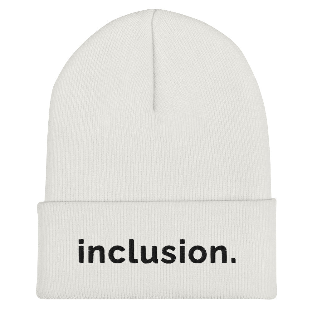 White Inclusion beanie against a plain white background. On the front of the beanie, the word 'inclusion' is embroidered on the front middle of the cuff in black sentence case letters.